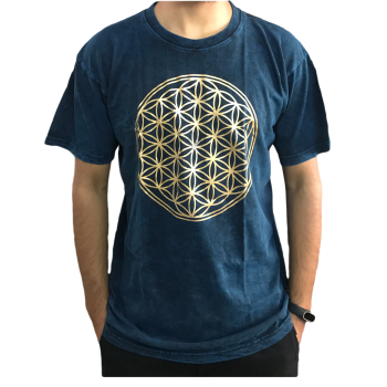 Cotton T-shirt Flower Print -Blue-S