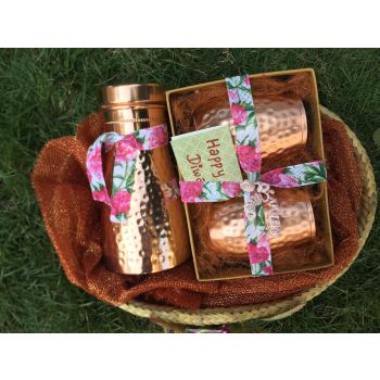 Dhaatu Copper Set with Copper Flask Design Bottle and Two Water Jug