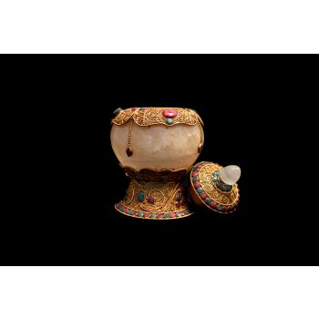 Gold Plated Metal Crystal Bowl & Cover with Stone Setting