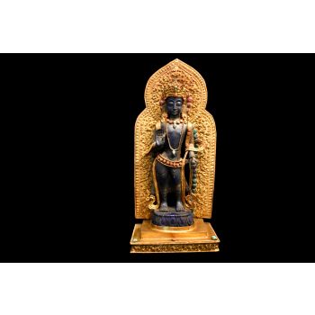 Gold Plated Lapis Crystal Standing Lokeshwor Statue Idol