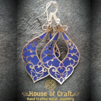 Hand-Made Light Weight White Metal Lapis Stone Filled Floral Water Drop Earring