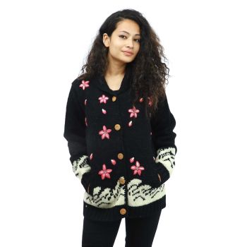 Pink Flower Embroidered Black Woolen Jacket 