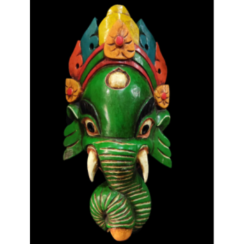 Handmade Wooden Mask Of Ganesh, Painted Green