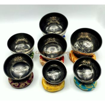 Black Color Seven chakra tune singing bowl set of 7-Singing Bowl Set of 7-Chakra Tune Singing Bowl set for yoga, meditation, sound healing, chakra balancing, sound therapy, Zen Healing, Reiki Bowl comes with cushion, mallet striker and box
