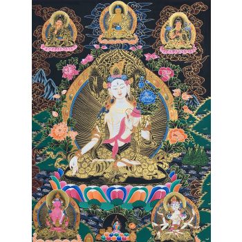 Hand-Painted White Tara Tibetan Thangka Art on Canvas, 22 x 28 Inches