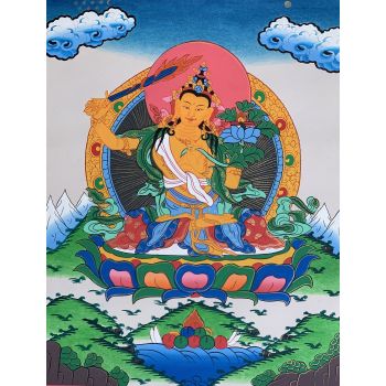 Hand-Painted Manjushree God of Wisdom Tibetan Thangka Art on Canvas 12 x 15 Inches