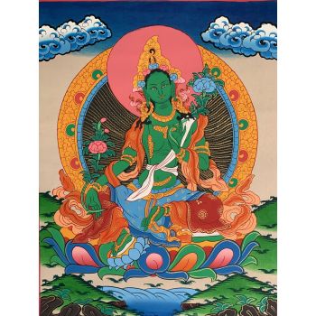 Hand-Painted Green Tara Tibetan Thangka Art on Canvas, 12 x 15 Inches