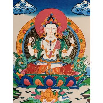 Hand-Painted Avalokitesvara Tibetan Thangka Art Painting on Canvas, 12 x 15 Inches