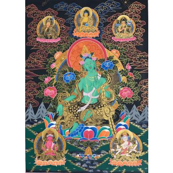 Hand-Painted Green Tara Tibetan Thangka Art on Canvas, 21 x 28 Inches