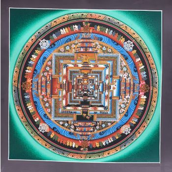 Hand-Painted Kalachakra Mandala Tibetan Thangka Art on Canvas 14 x 14 inches