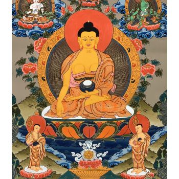 Hand-Painted Shakyamuni Buddha Tibetan Thangka Art on Canvas, 16 x 21 Inches