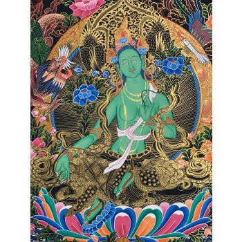 Hand-Painted Green Tara Tibetan Thangka Art on Canvas, 22 x 30 Inches