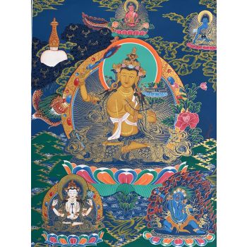 Hand-Painted Manjushree God of Wisdom Tibetan Thangka Art on Canvas, 22x28 Inches