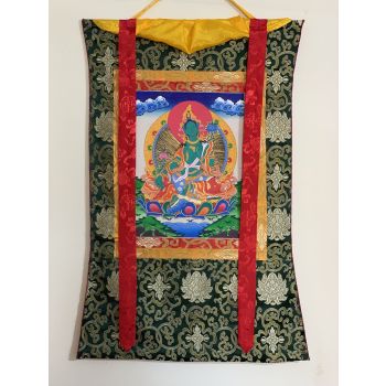 Hand-Painted Green Tara Tibetan Thangka Art in Silk Brocade