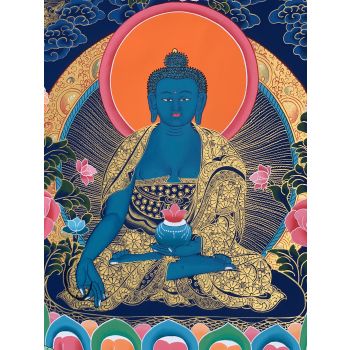 Hand-Painted Medicine Buddha Tibetan Thangka Art on Canvas,  22 x 30 Inches