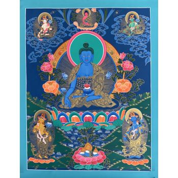 Hand-Painted Medicine Buddha Tibetan Thangka, Art on Canvas, 22 x 30 Inches