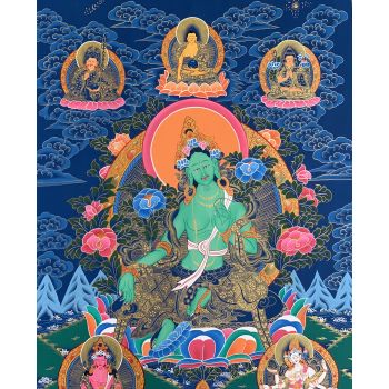 Hand-Painted Green Tara Tibetan Thangka Art on Canvas 22 x 30 Inches