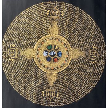 Hand-Painted Om Mantra and Vajra Mandala Tibetan Thangka Art on Canvas, 30 x 30 Inches