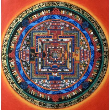 Hand-Painted Kalachakra Mandala Tibetan Thangka Art on Canvas 12 x 12 Inches