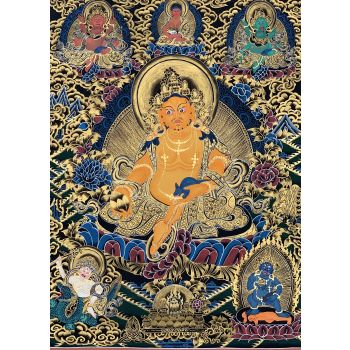 Hand-Painted Kubera Jambala God of Prosperity Thangka Art on Canvas, 17 x 24 Inches