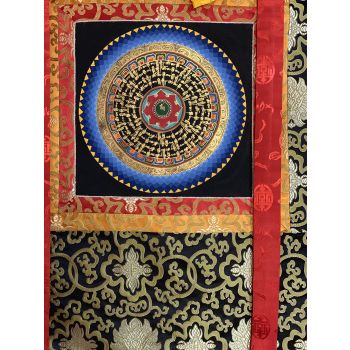 Hand-Painted Om Mantra Mandala Thangka Art with Silk Brocade