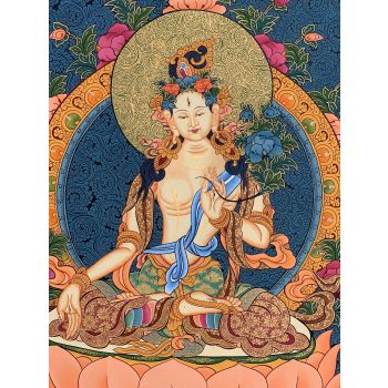 Hand-Painted White Tara Tibetan Thangka Art on Canvas 17 x 22 Inches