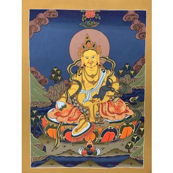 Hand-Painted Kubera Jambala God of Prosperity Thangka Art on Canvas 13 x 17 Inches