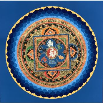 Hand-Painted Om Lotus Mandala Tibetan Thangka Painting Art on Canvas, 12 x 12 Inches