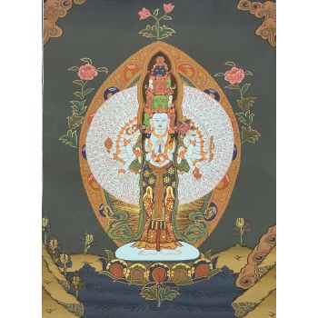 Hand-Painted 8 Armed Lokeswor Tibetan Thangka, Art on Canvas 13 x 17 Inches