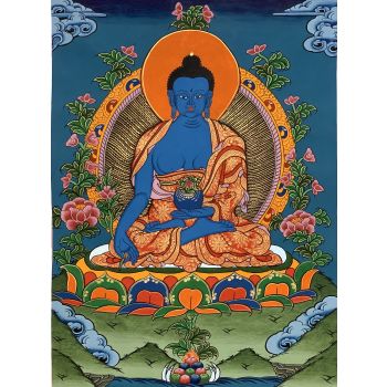 Hand-Painted Medicine Buddha Tibetan Thangka Art Painting 13 x 17 Inches