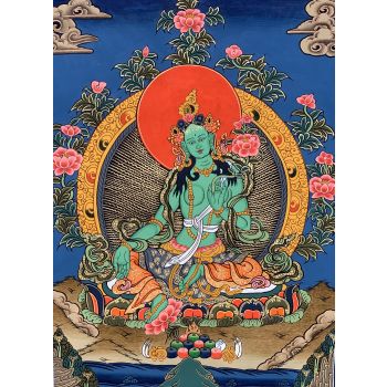 Hand-Painted Green Tara Tibetan Thangka Art on Canvas, 13 x 17 Inches