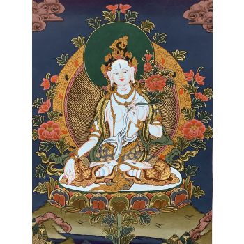 Hand-Painted White Tara Tibetan Thangka, Art on Canvas 13 x 17 Inches