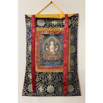 Hand-Painted Lokeshwor Premium Gold Thangka Art on Canvas with Silk Brocade