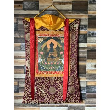 Hand-Painted Medicine Buddha Thangka Art Painting on Canvas 22 x 30 Inches in Silk Brocade