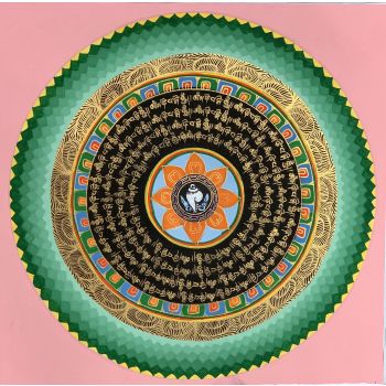 Hand-Painted Mantra Symbol Mandala Tibetan Thangka Painting, Art on Canvas, 12 x 12 Inches