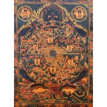 Hand-Painted Buddha Life Mandala Tibetan Thangka Painting Antique Finish 17 x 22 Inches