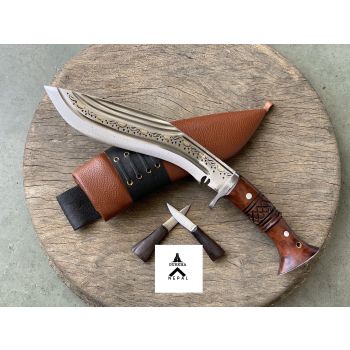 Gurkha Nepal Hand-Forged Chira 3 Fuller Khukuri Full Tang 8 Inched Carved Wood Handle