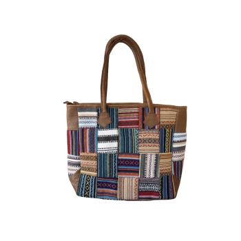 Vibrant Cotton & Leather Patchwork Tote Bag – Multi-Color with Zipper Closure