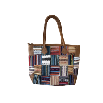 Cotton & Leather Patchwork Tote Bag – Multi-Color, Zipper Closure