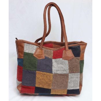 Large Size Multicolor Women's Cotton & Leather Tote Bag 