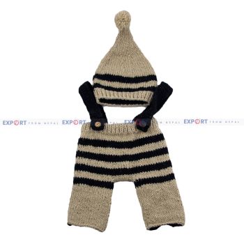 Black and Cream Woolen Double Button Baby Dungaree Prop Set for Photoshoot for New Born Baby