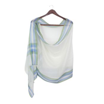 White Pashmina Super Ring Shawl with Green & Blue Border