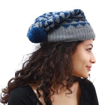 Blue Grey Patterned Woolen Beanie 