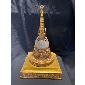 Handmade Crystal Stupa with Fire Gold Plated Copper & Stone Setting 