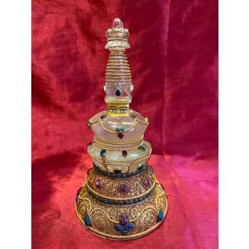 Crystal Stupa with Gold Plated Copper Metal Work & Stone Setting