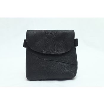 Small & Portable Black Leather Messenger Bag with Patterned Design 