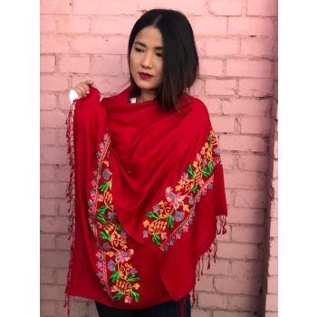 Floral Design Border Embroidery Red Shawl
