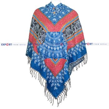 Blue Traditional Patterned Design Woolen Puncho