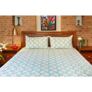 Handmade Teal Leaf Printed Cotton Bedsheet