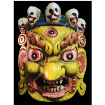 Handmade Wooden Mini Mask Of Mahakala, Painted Yellow